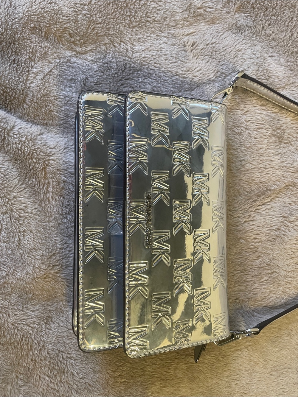 Michael Kors Metallic Silver MK Logo Crossbody Bag - Picture 2 of 6